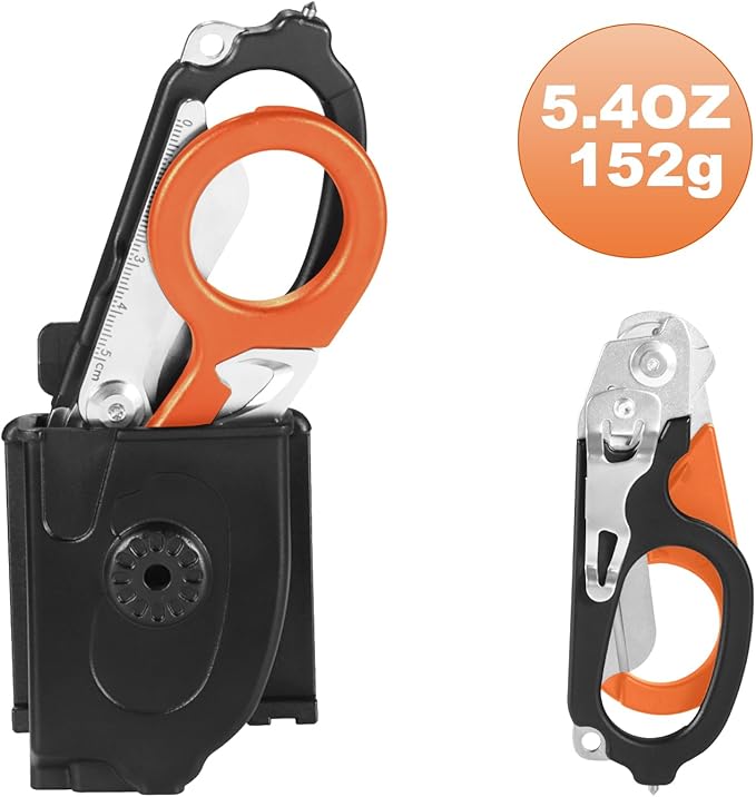 6-in-1 Multi-function Trauma Shears With Holster, Trauma Shears for Nurses Foldable, Heavy Duty Stainless Steel Scissors all Purpose, Outdoor Camping Rescue Scissors Tools（Orange+Black）