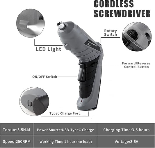 Cordless Electric Screwdriver 3.6V Automatic Rechargeable Power Screwdriver 3.5N.M of Torque 1/4??Chuck 43pcs Screw Drill Set LED Light for Furniture Assembly, Repairing in Home, Office and Workplace.
