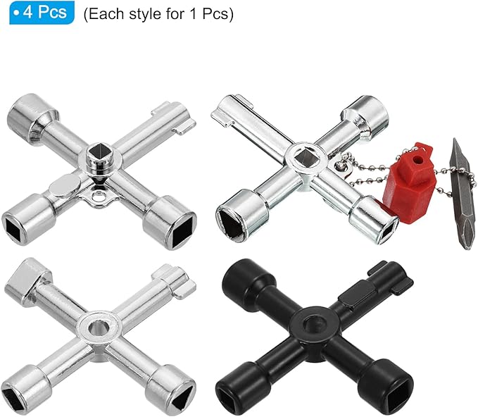 PATIKIL Multi-Functional Universal Cross Key Kit, 4 Pack Zinc Alloy 4 Way Plumber Keys for Electric Control Water Gas Meter Box Cupboard Cabinet, Silver