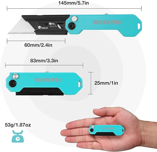 WORKPRO 2PCS EDC Folding Utility Knife, Mini Box Cutter with Quick Open Axis Lock, Quick Change Blade Razor Knife, Foldable Small Pocket Knife with Belt Clip, 2 Packs with 10 Extra Blades