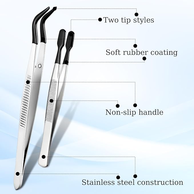 4 PCS Rubber Tipped Tweezers, PVC Coated Coated Flat and Bent Tweezers Precision Tweezer Set for Lab Industrial Crafts Stamps Beads Jewelry Coin Stamp Tongs (Black)