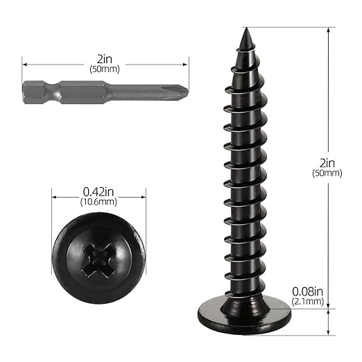 #10 x 2 (60 PCS) Modified Truss Head Wood Screws, Phillips Drive Quick Metal Self Tapping Screws, Carbon Steel, Black Coating, Full Thread, Screwdriver Bit Included