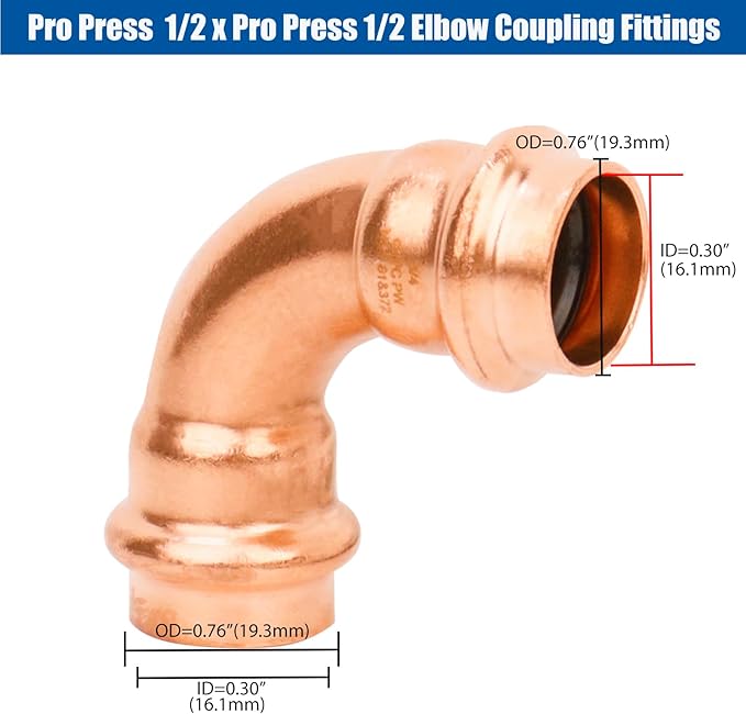 WHK 12 Pack Propress 1/2" x 1/2" Copper Press Fittings Pro press 90 Degree Elbow Press Adapter Fittings Coupling for Copper Pipe Connection(Copper,Lead-Free)