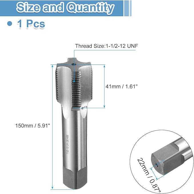 uxcell Hand Bottom Tap 1-1/2-12 UNF 2B Thread Bottoming Style Threading Taps High Speed Steel HSS6542 Straight Flutes Screw Tapping Tool