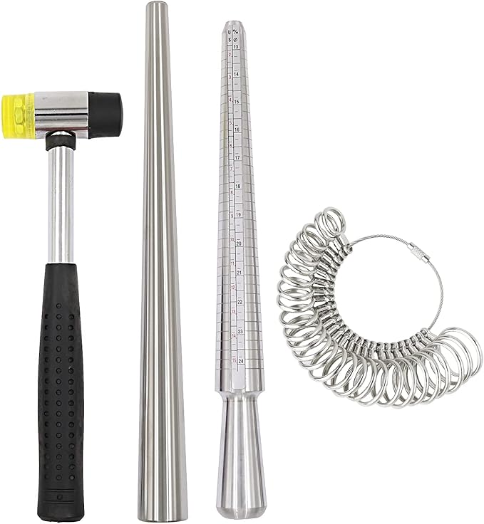 Ring Sizer Measuring Tool Ring Mandrel Set Ring Sizer Tool Ring Sizer Gauge US&UK Size Ring Mandrel Stainless Steel Rubber Jewelers Mallet Hammer