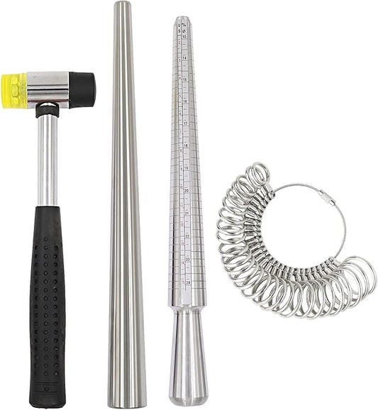 Ring Sizer Measuring Tool Ring Mandrel Set Ring Sizer Tool Ring Sizer Gauge US&UK Size Ring Mandrel Stainless Steel Rubber Jewelers Mallet Hammer