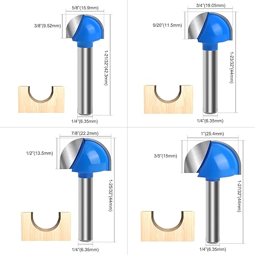Core Box Router Bit Set, 8Pcs Solid Carbide 1/4 Inch Shank Woodworking Tool with 1/4" to 1" Round Nose Double Flute Bits, for Half Round Grooves and Cove Cutting for Woodworking Grooves and Coves