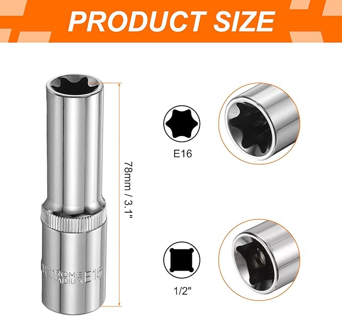 HARFINGTON 3pcs E-Torx Socket 1/2" Drive E16 Star Female Socket 3.1" Length External Torx Deep Sleeve Chrome Plating 6 Point Spline Sleeve for Auto Repairs Home Maintenance