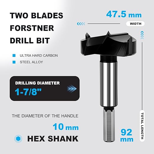 1-7/8 Inch Forstner Drill Bit Carbide Tipped,Woodworking Hinge Cutter for Precise Flat Bottom Holes in Hard Wood,Plywood,Plastic - Professional Grade