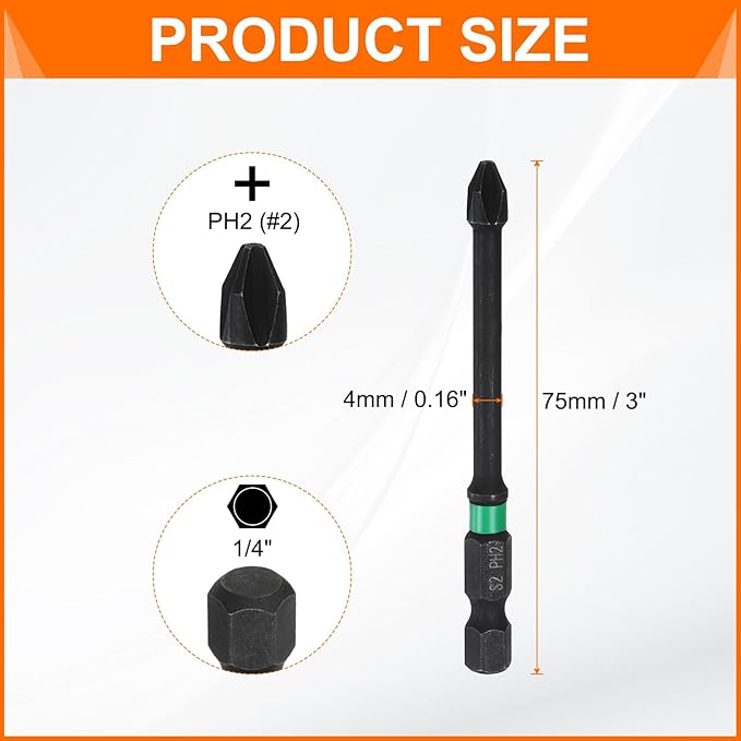 HARFINGTON 3pcs #2 Impact Phillips Screwdriver Bit PH2 1/4" Hex Shank 3" (75mm) Long 0.16" Rod Magnetic Cross Head Drill Bits S2 Steel Industrial Screw Driver for Impact Power Drivers