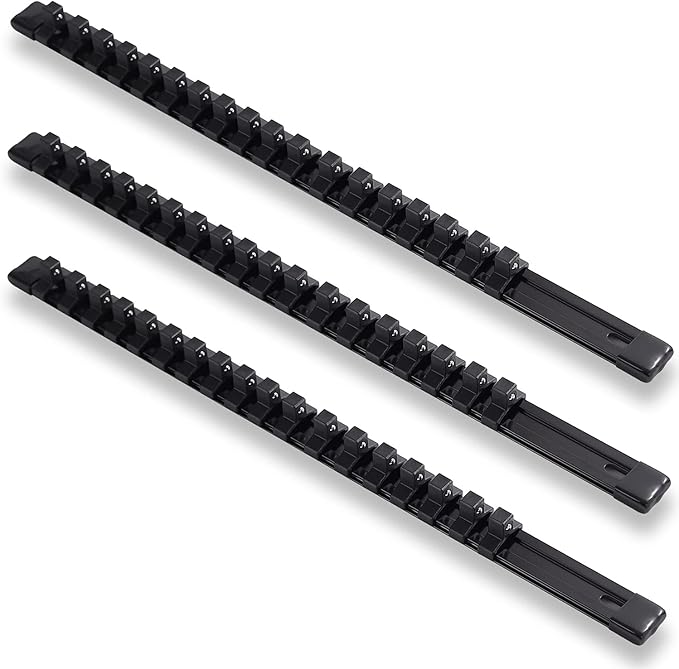 ALOANES 3-Piece 3/8-Inch Drive Aluminum Alloy Socket Organizer, Heavy Duty Socket Racks, Socket Holder Kit for Toolbox Drawer Fit 3/8-Inch x 54 Clips (Black)