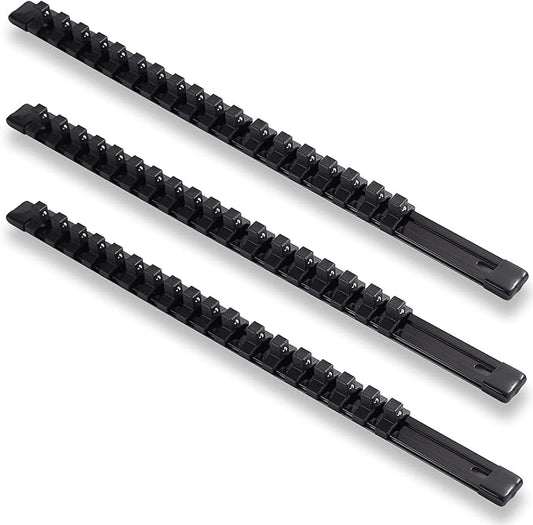 ALOANES 3-Piece 3/8-Inch Drive Aluminum Alloy Socket Organizer, Heavy Duty Socket Racks, Socket Holder Kit for Toolbox Drawer Fit 3/8-Inch x 54 Clips (Black)