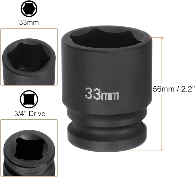 HARFINGTON 6-Point Impact Socket 3/4" Drive 33mm Metric 40Cr Alloy Steel Spindle Axle Nut Impact Socket