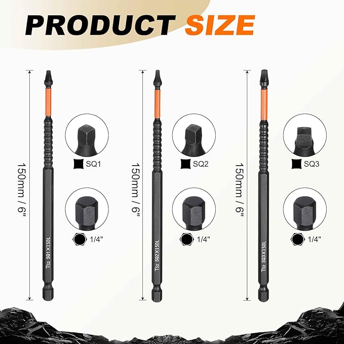 HARFINGTON 3pcs Square Head Screwdriver Bits 1/4" Hex Shank SQ1/SQ2/SQ3 Magnetic Head 6" Length S2 Steel Screw Driver Drill Bit for Repair Work Electric Screw Driver