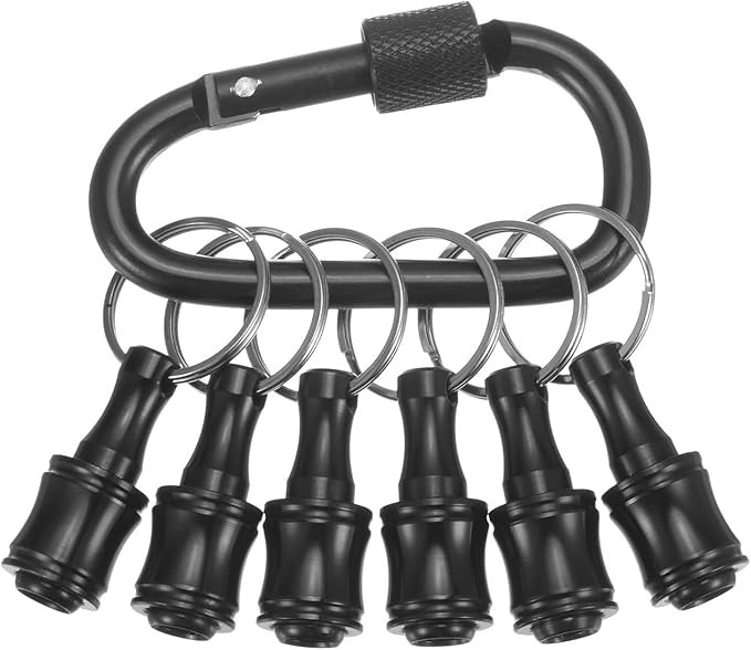 Bit Holder Keychain 6pcs - 1/4 inch Hex Shank Bit Holders - Quick Release Design for Nut Driver, Screwdriver & Drill Bits - Aluminum Alloy, Black - Include Keychain Carabiner - Gift for Men