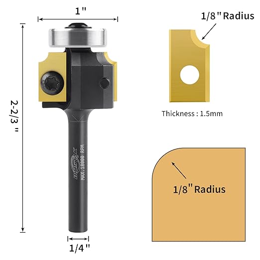 1/8" Radius Insert Roundover Router Bit 1/4" Shank, Replaceable Carbide Insert Edge Forming Roundover Bit Bead Rounding Over Edging Bit