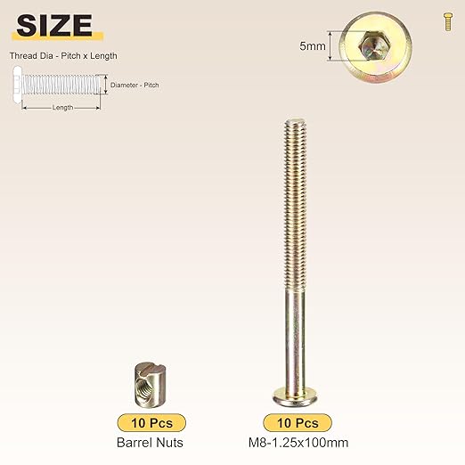 METALLIXITY Furniture Crib Screws Replacement Set(M8-1.25x100mm) 20Pcs, Connector Bolt M8 Screw Barrel Nuts Binding Screws, for Chair Cabinet Bed, Yellow