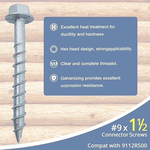 Connector Screws #9 x 1-1/2" Heavy-Duty Joist Hanger Screws, 1/4" Hex Head with 0.37"-Dia, Prem-Galvanized Resists Wear and Corrosion-Resistant, Replace 9112R500 and 10D Nail,(500-Qty)