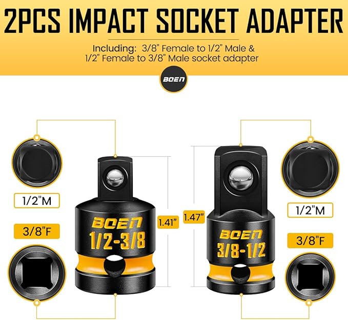 boen 2PCS Impact Socket Adapter and Reducer Set, 3/8"F to 1/2"M Adapter & 1/2"F to 3/8"M Reducer, Deep Yellow Embossed Marking, CR-MO Steel