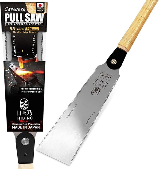 HIBINO Japanese Pull Saw 9.5” Ryoba | Multi-Cut & Cross-Cut Teeth | Lightweight Double-Edge Blade for Dovetails, Tenons & Woodworking | Replaceable Blade | Simple Assembly Required | Made in Japan