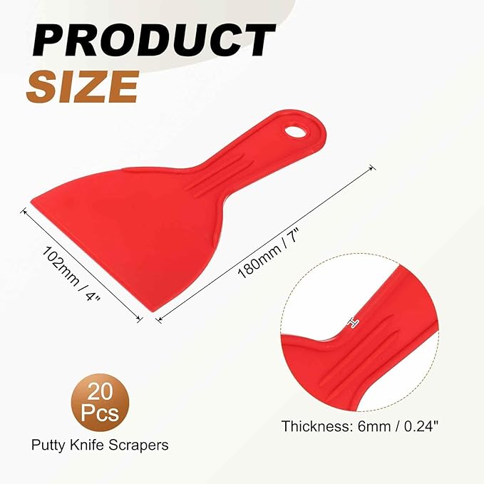 HARFINGTON 20pcs Putty Knife Scraper 4" Width Flexible Plastic Putty Knife Paint Scraper Tool for Taping Drywall Spreading Painting Wall Scratching Red