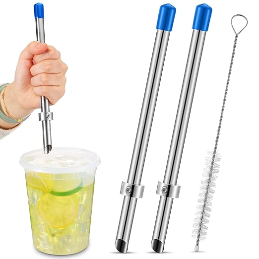 Lasnten 2 Pack Straw Puncher for Plastic Lids Lemonade Cups, Stainless Steel Straw Hole Puncher Punching Tools for Cafe Drinks Deli Container Squeezed Fresh Lemonade Stand Supplies(8.7 Inch,Blue)