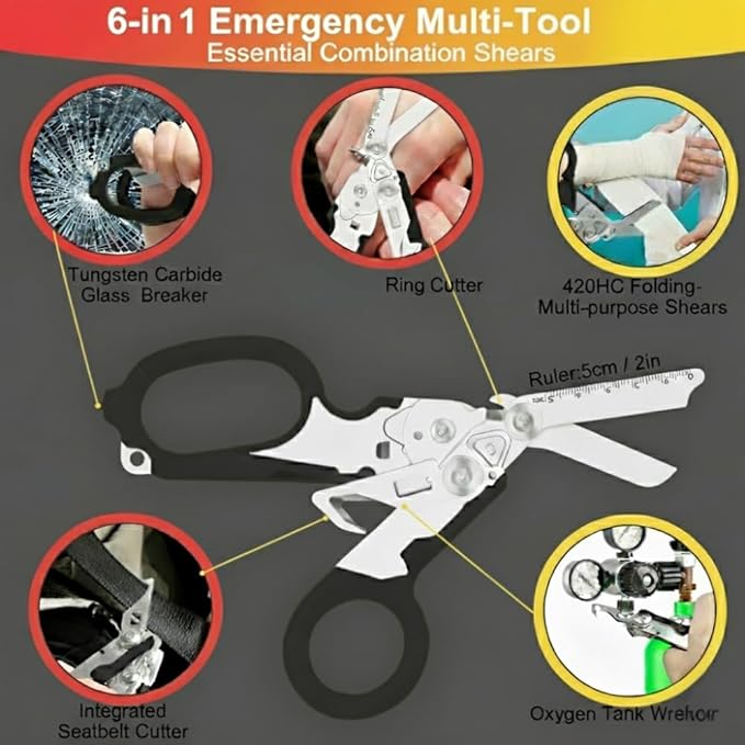 Pro 6-in-1 Foldable Trauma Shears with Strap Cutter, Stainless Steel Medical Scissors for Nurses, Raptor Trauma Shears Holster with Glass Breaker, Surgical EMT Scissors for Nursing Students & Doctors