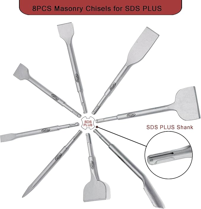 8 pcs SDS Plus Chisel Set, Masonry Concrete Drill Bit Set, Tile Removal Chisel Bits for Rotary Hammer with Point Flat Wide Tile Inclined Grooving Scraping Scaling Chisels
