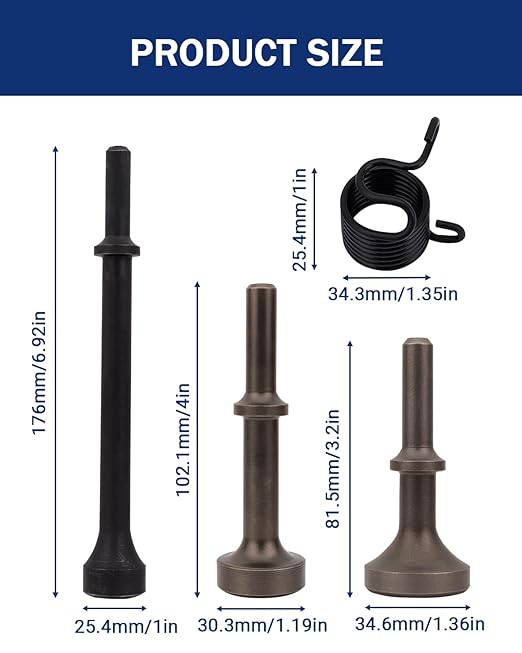 4 PCS Smoothing Air Hammer Bits Set, Smoothing Pneumatic Air Hammer, Extended Length Pneumatic Hammer Bit with Spring, Pneumatic Chisel Bits Tools Kit for Home Improvement