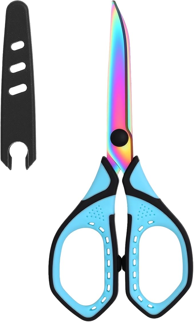 Scissors with Case, 1 Pair of Stainless Steel Titanium Coated Multi-purpose Scissors, Fabric Sewing Office Craft Soft Grip Pointed Shears Cutter for Home School Supplies (Blue & Rainbow)