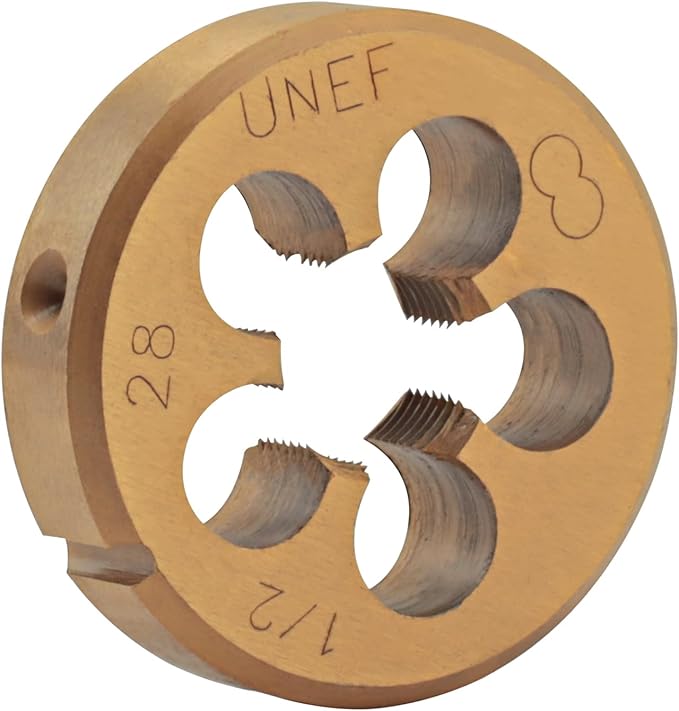 Aceteel 1/2"-28 UNEF Ti-Coated Tap and Die Set, Titanium Coated 1/2 x 28 UNEF HSS Thread Tap and Alloy Tool Steel Round Die Right Hand