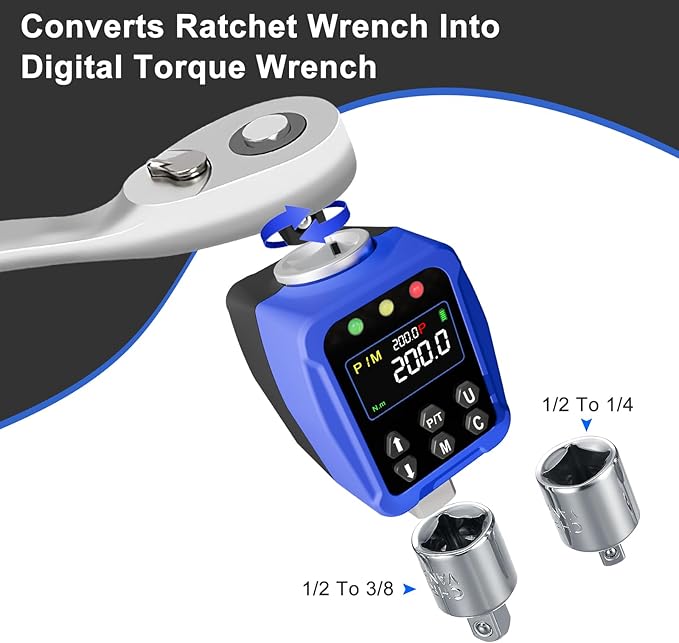 Digital Torque Adapter 1/2" Drive 7.3-147.5 Ft-lb / 10-200 Nm, Electronic Torque Wrench Converter with LCD Display 짹2% Accuracy, 1/4??& 3/8??Adapters for Car & Motorcycle Maintenance DIY Use