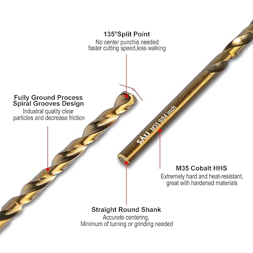 SALI Cobalt Drill Bit Set, 10Pcs 9/64" M35 High Speed Steel Jobber Length Drill Bit Kit for Hardened Metal, Stainless Steel, Cast Iron, Wood and Plastic, with Index Storage Case