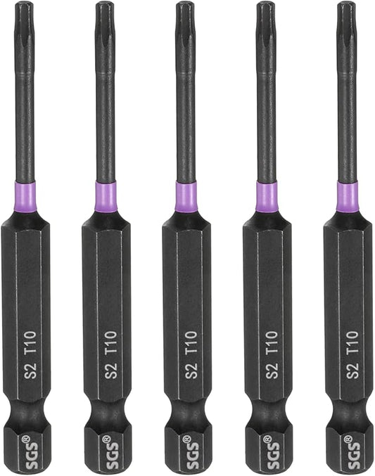 HARFINGTON 5pcs T10 Torx Head Impact Screwdriver Bits 1/4" Hex Shank 2.8" (70mm) Long Magnetic No Hole Tamper Proof 6 Point Star Screw Driver Drill Bits Phosphate S2 Steel Power Tools