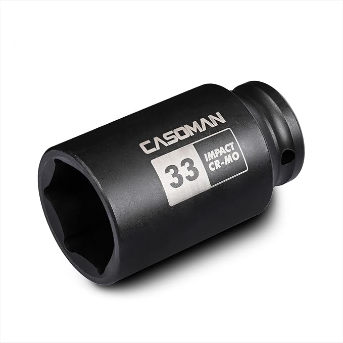 CASOMAN 1/2" Drive x 33 mm Deep 6 PT Impact Socket, CR-MO, 1/2-inch Drive 6 Point Axle Nut Socket for Easy Removal of Axle Shaft Nuts (33MM)