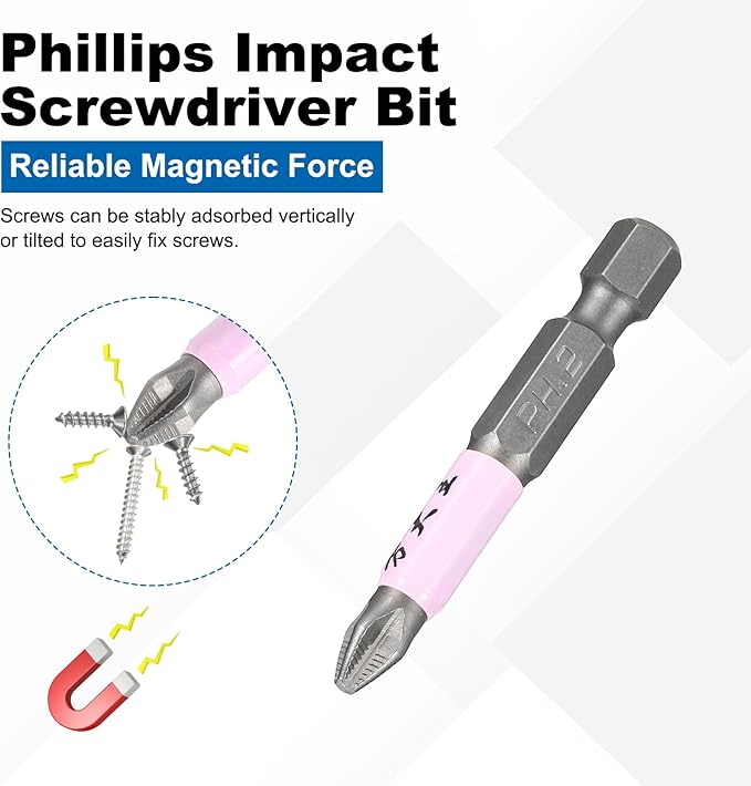 HARFINGTON 2pcs #2 Phillips Impact Screwdriver Bit PH2 1/4" Hex Shank 2" (50mm) Magnetic Anti Slip Cross Head Drill Bits K5 Steel Screw Driver Tool, Pink