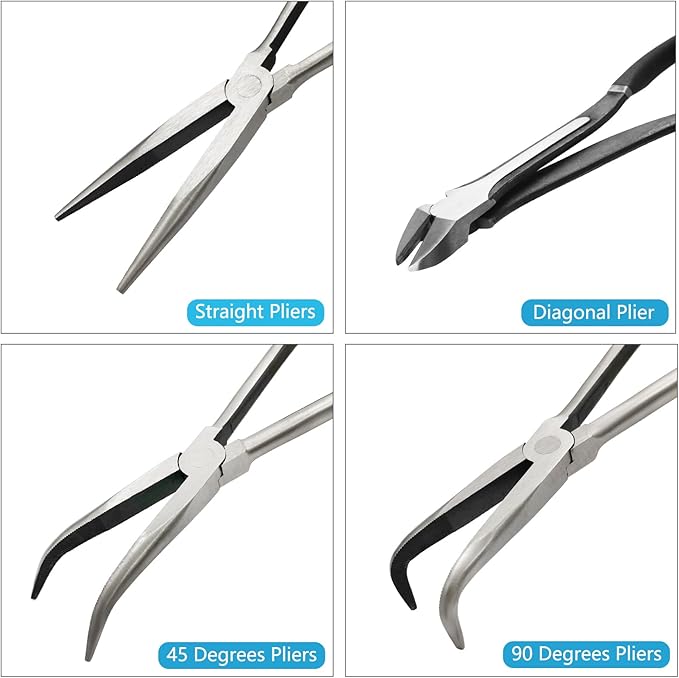 4-Piece 11" Extra Long Needle Nose Pliers Set with Insulated Comfort Grip, Straight Long Reach, 45/90째Bent Nose & Diagonal Pliers for Bending, Shaping & Trimming in Narrow Spaces