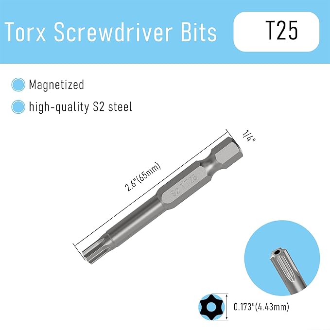5PCS T25 Magnetic Tamper Proof Torx Screwdriver Bits, 1/4 Inch Hex Shank 2.6 Inch Length S2 Steel Security Drill Torx Head Drill Screw Driver Tools(65mm Long, Star 6 Point)