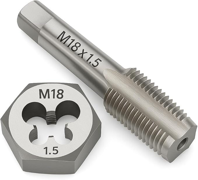 M18 x 1.5 Metric Tap and Die Set HSS Machine Tap and GCr15 Alloy Steel Hex Die Right Hand Thread Cutting Tool for Metal Repair