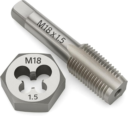 M18 x 1.5 Metric Tap and Die Set HSS Machine Tap and GCr15 Alloy Steel Hex Die Right Hand Thread Cutting Tool for Metal Repair