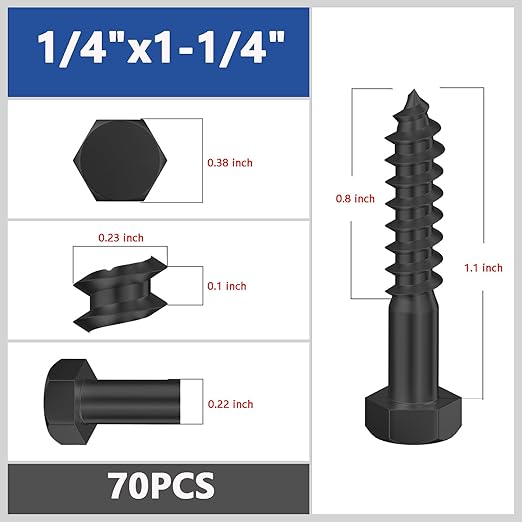 Lag Screws Wood Screws,(70PCS, 1/4" x1-1/4, Black) Hex Head Lag Bolts,(6x30) Heavy Duty Lag Screws,304 Stainless Steel Bolts 18-8