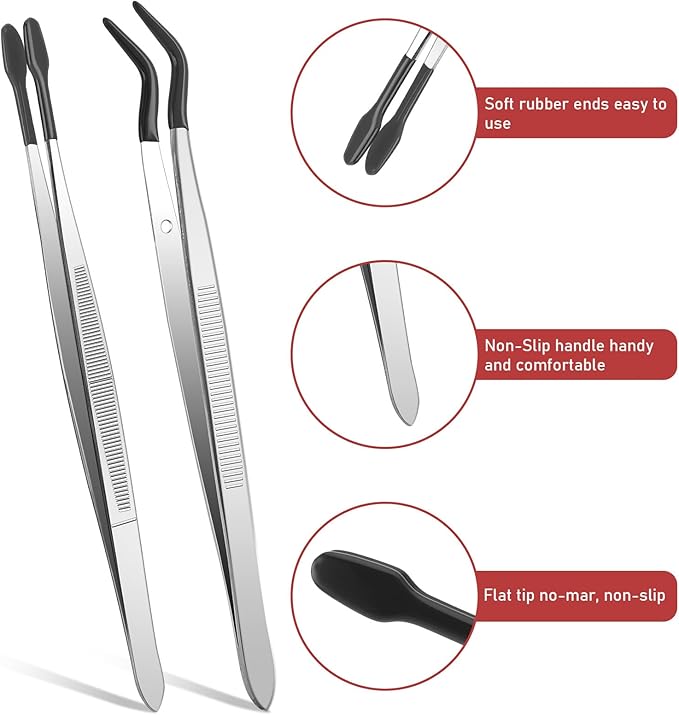 Rubber Tipped Tweezers, 2 Pcs PVC Coated Precision Tweezers Hobby Craft Tweezers Set, Long Bent and Straight Flat Tip Tweezers for Crafts Stamps Coin Beads Jewelry Industrial Electronic Lab (Black)