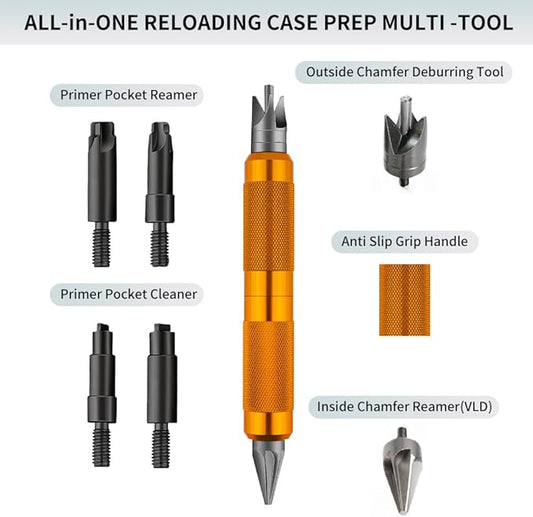 Ludex Case Prep Multi-Tool for Case Trimmer, Crafting Case Pocket Cleaner, Reamer and Chamfer Deburring Tools -Reloading Tool for .17 to .45 Caliber (orange color)