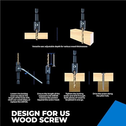 toolant Countersink Drill Bit Set,5Pcs #10 Counter Sink Drill Bit Set for Wood, High-Speed Steel 5 Spare Bits Adjustable for Woodworking and Carpentry, Pilot Screw Hole Set
