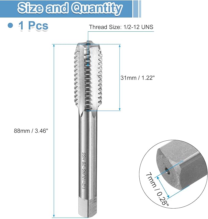 uxcell Hand Bottom Tap 1/2-12 UNS 2B Thread Bottoming Style Threading Taps High Speed Steel HSS6542 Straight Flutes Screw Tapping Tool