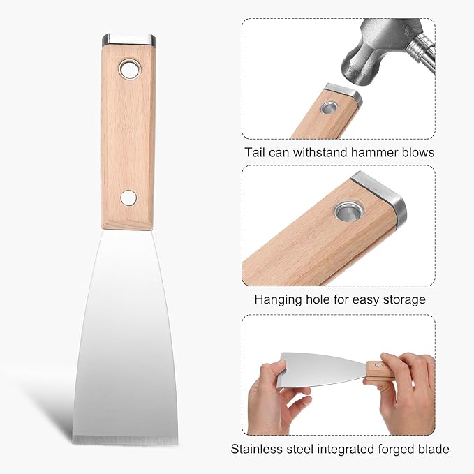 uxcell Putty Knife 2" Stainless Steel Paint Scraper Flexible Drywall Repair Mud Knife Wood Shank for Removing Cement Wallpaper Mud Adhesive Taping with Metal Hammer End