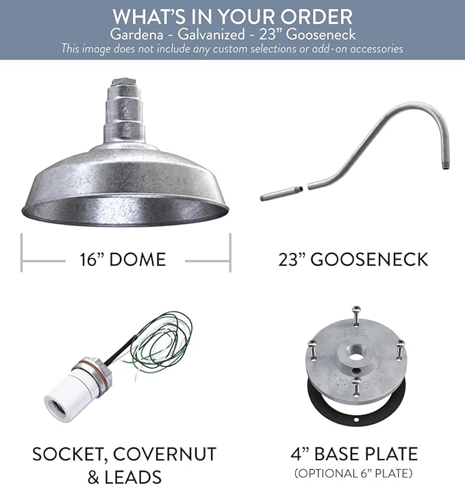 Steel Lighting Co. | Dusk to Dawn | Gardena Barn Light | Outdoor Wall Mounted | 16" Dome | 23" Gooseneck | Farmhouse Light Made in America | Galvanized Exterior/Galvanized Interior