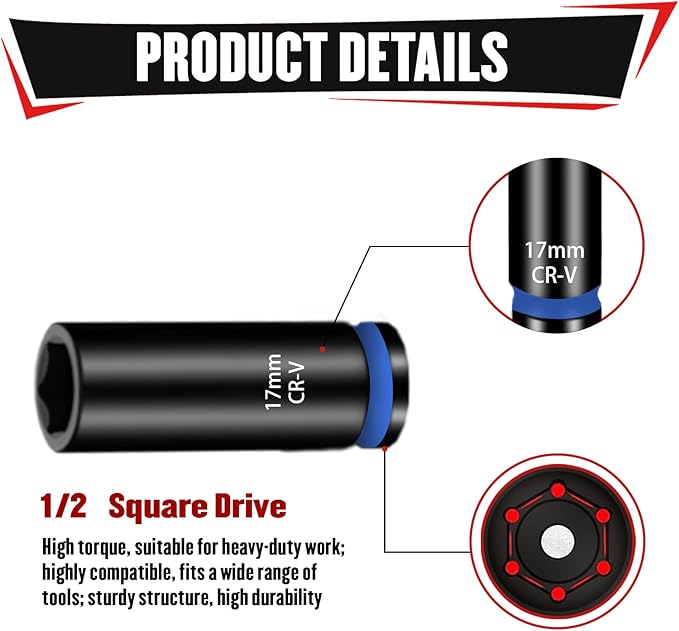 YIYITOOLS 1/2 Drive Socket Set, 29-Piece Deep Impact Socket Set, Standard SAE (3/8"- 1"), Metric (10mm-24mm) Sockets with 3", 5", 10" Impact Extension Bar, Cr-V Steel, Colored Groove