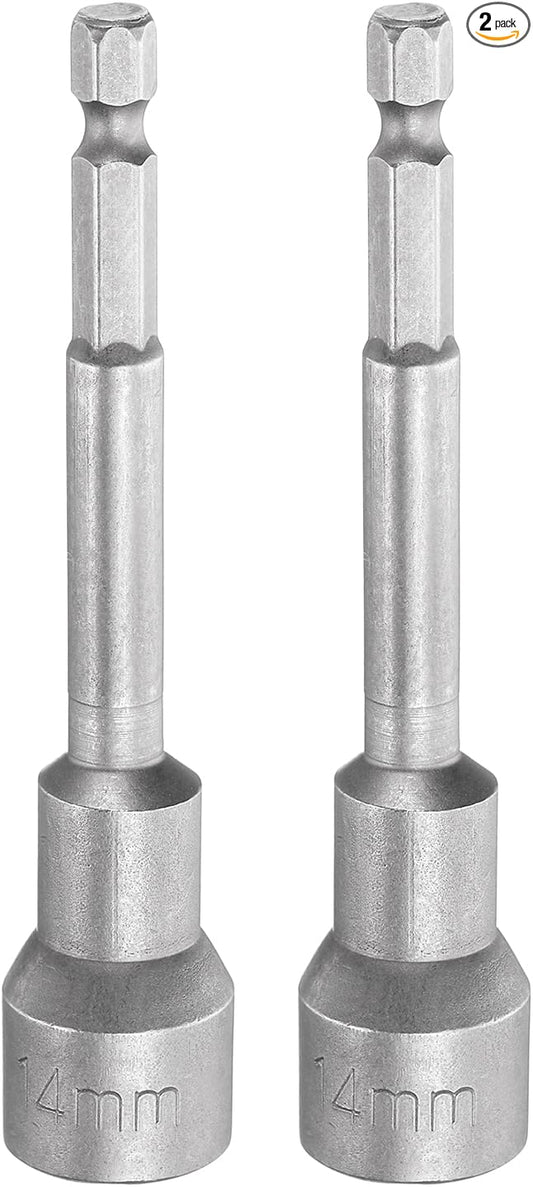 HARFINGTON 2pcs Nut Driver Drill Bit 14mm Metric Socket 1/4" Hex Shank 3.94" (100mm) Long Magnetic 6-Point Sockets Quick Change CR-V Steel Bolt Setters for Power Drill Drivers
