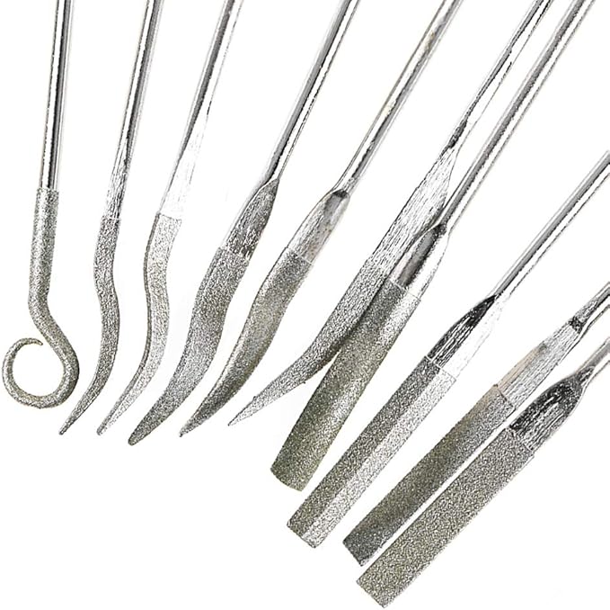 YAKAMOZ 10 Pcs Assorted Mini Diamond File Set Flat Needle Square Round Shape Rifler Files for Metal Jewelers Glass Wood Carving Craft Handy Curved Files Tool - 3x140mm